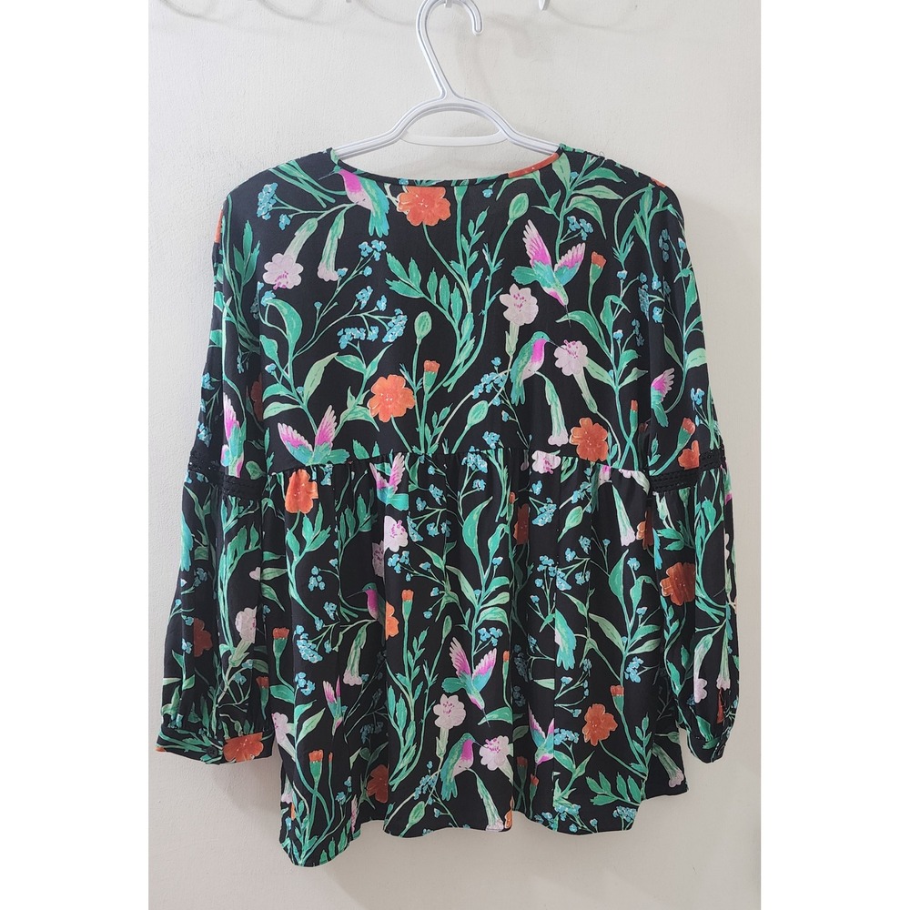 Kate Spade Silk Floral Bird Blouse Black Crochet Trim NJMU7761 Womens Medium - Picture 10 of 12